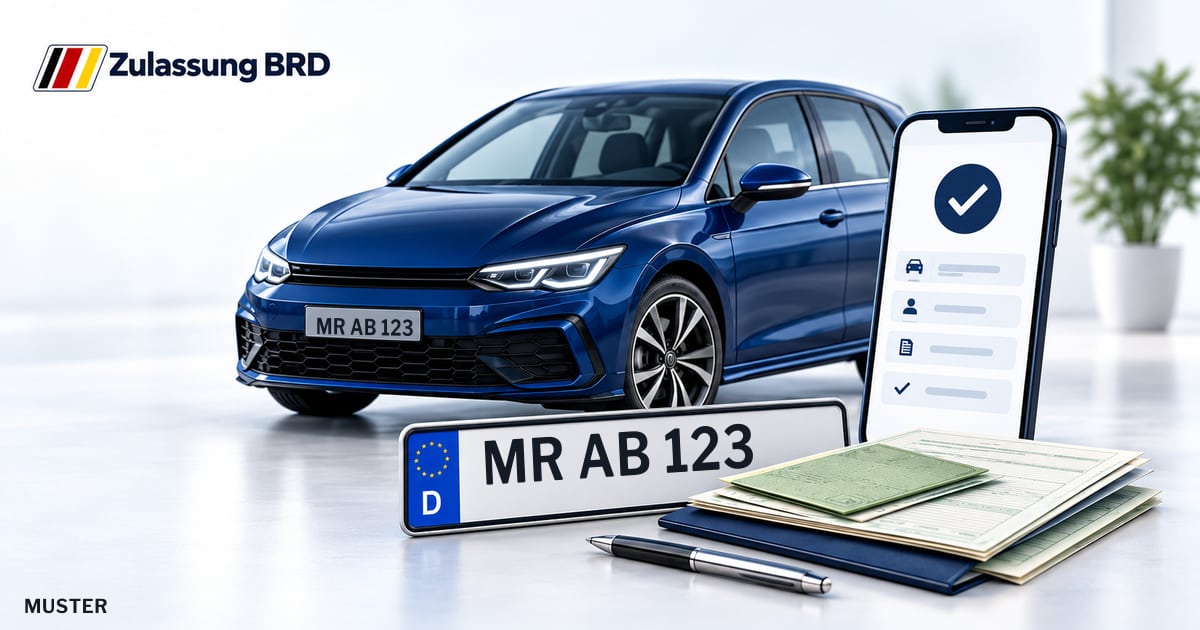Online Fahrzeugzulassung in Lohra: Musterkennzeichen MR AB 123, Auto und Fahrzeugpapiere und Smartphone. Illustration mit Logo von Zulassung BRD.